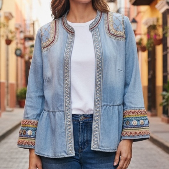 Chico's Jackets & Blazers - CHICOS BOHO LIGHTWASH BLUE CHAMBRAY JACKET EMBROIDERED RUFFLE PEPLUM STYLE SZ 16